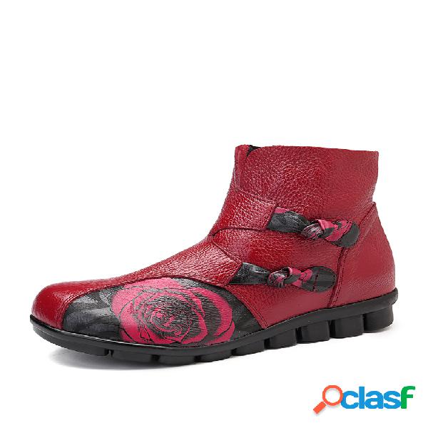 SOCOFY Botas planas retras estampadas de cuero