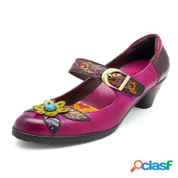 SOCOFY Zapatos vintage a mano de cuero con flores y velcros