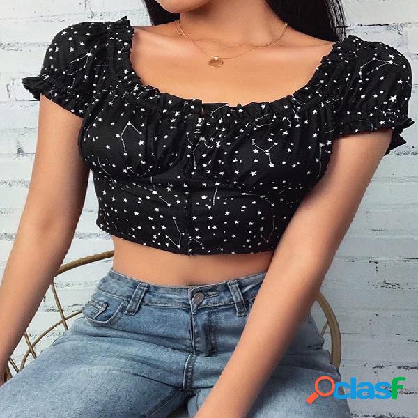 Star Print Off Shoulder Ruff Cuello Camiseta sin mangas con