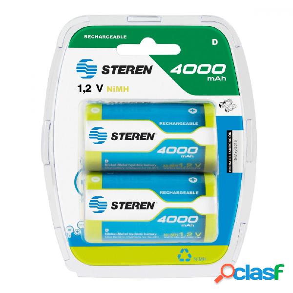 Steren Pilas Recargables D NIMH, 1.2 V, 4000MAH, 2 Piezas