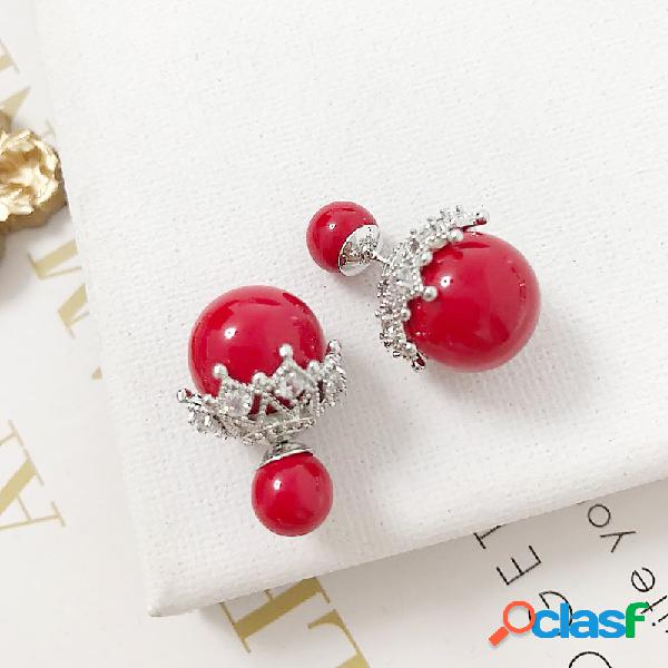 Sweet Ear Stud Pendientes Round Pearls Hollow Lace Zircon