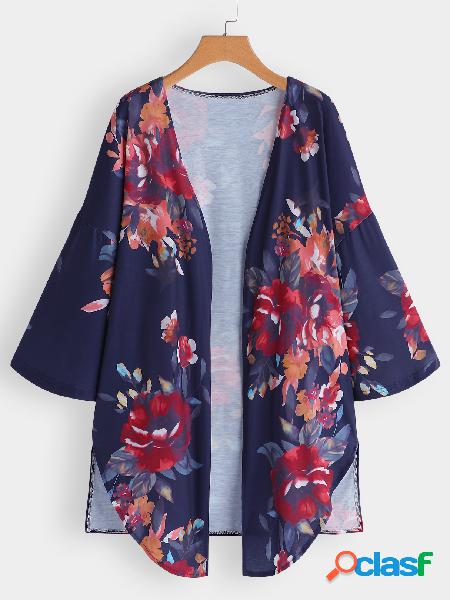 Talla grande Kimono con estampado floral azul oscuro