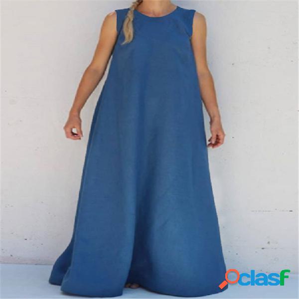 Verano Color sólido sin mangas Maxi Vestido con bolsillos