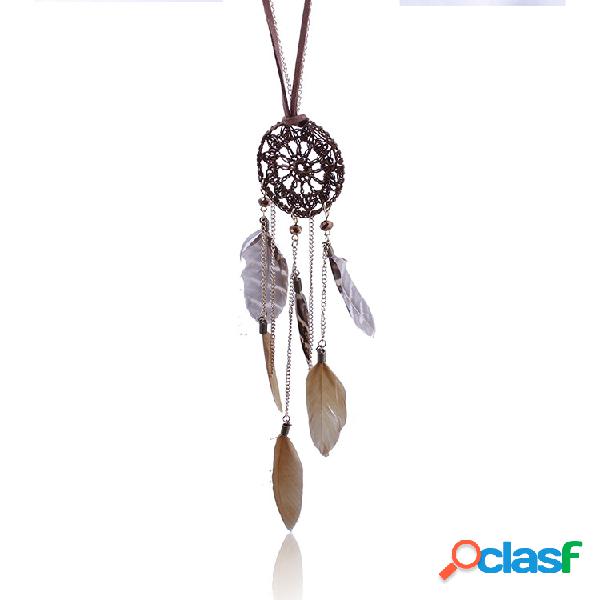Vintage Pendnat Collar Hueco Sueño Net Borlas de Plumas
