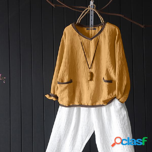 vendimia Patchwork Manga larga Algodón Plus Talla Blusa