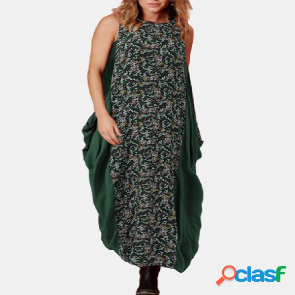 vendimia Patchwork estampado sin mangas Plus Talla Vestido