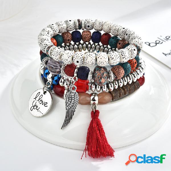 vendimia Pulsera de abalorios Set Wing Letter Tassels