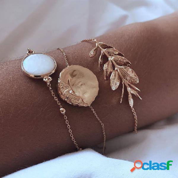 3 Unids Pulsera Set Bohemio piedras preciosas hojas