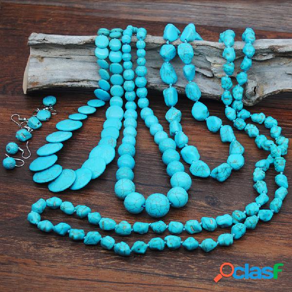 Bohemian Irregular Turquoise Beaded Necklace Geometric Disc