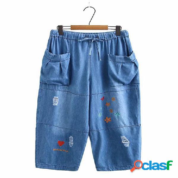 Bordado Demin rasgado recto Plus tamaño Pantalones con