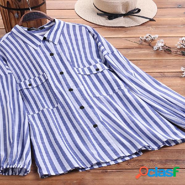 Botón de impresión a rayas Plus Tamaño Camisa con