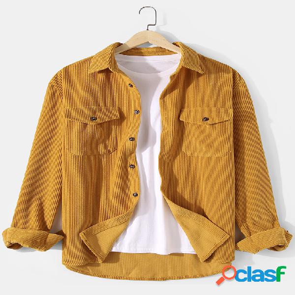 Camisas de manga larga de pana para hombre de color liso y