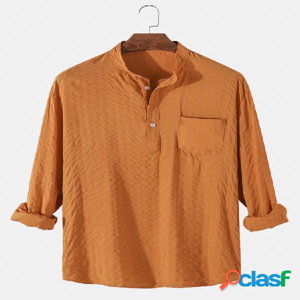 Camisas henley casuales sólidas de lino de algodón de 6