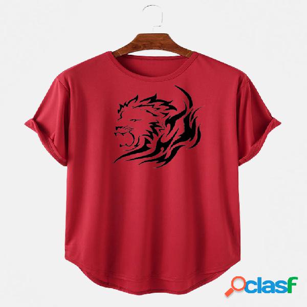 Camiseta con estampado de león redondo para hombre Cuello