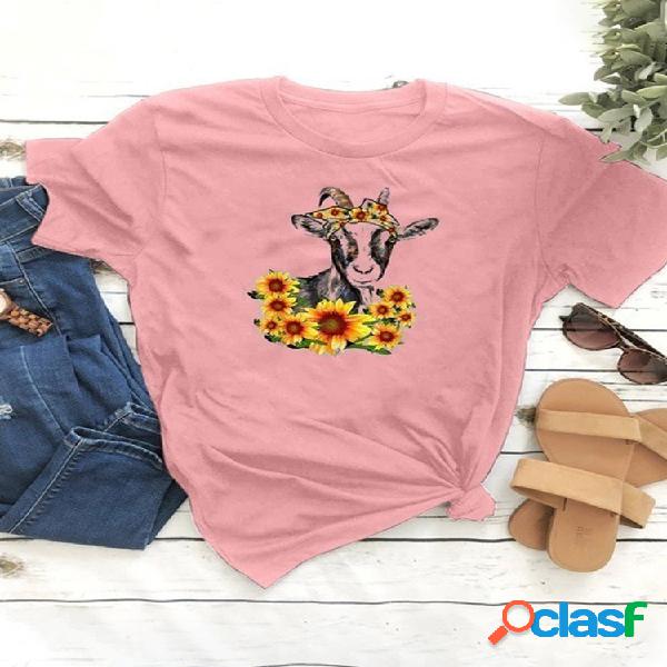 Camiseta de manga corta con cuello en O estampado floral