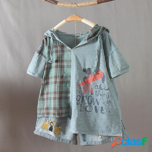 Camiseta de patchwork con capucha y manga corta a cuadros