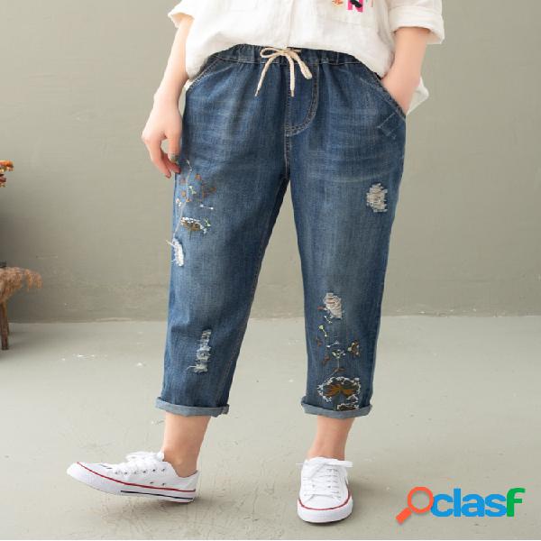 Cintura con cordón bordado rasgado Jeans para Mujer