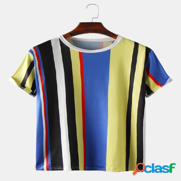 Color para hombre a rayas redondo Cuello Camisetas de manga