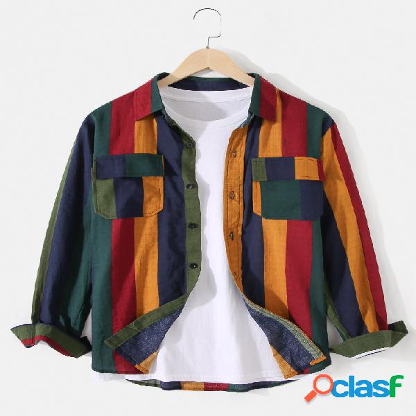 Colorful Camisas casuales de manga larga a rayas para hombre