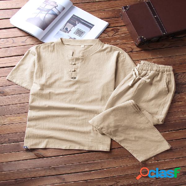 Conjunto de pijama de camisas henley de lino para hombre,