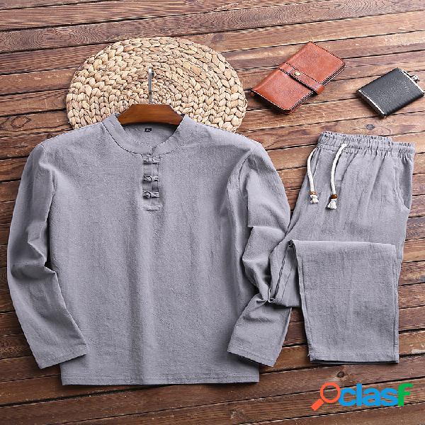 Conjunto de pijama de lino con cuello Henry para hombre,