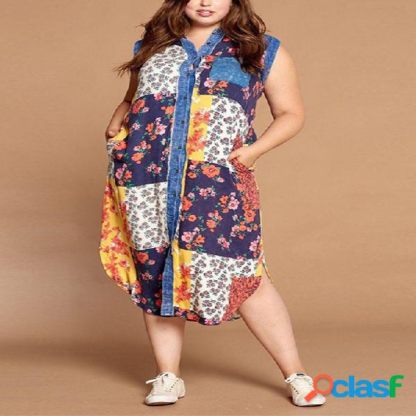 Estampado floral Sin mangas Línea A Plus Talla Vestido