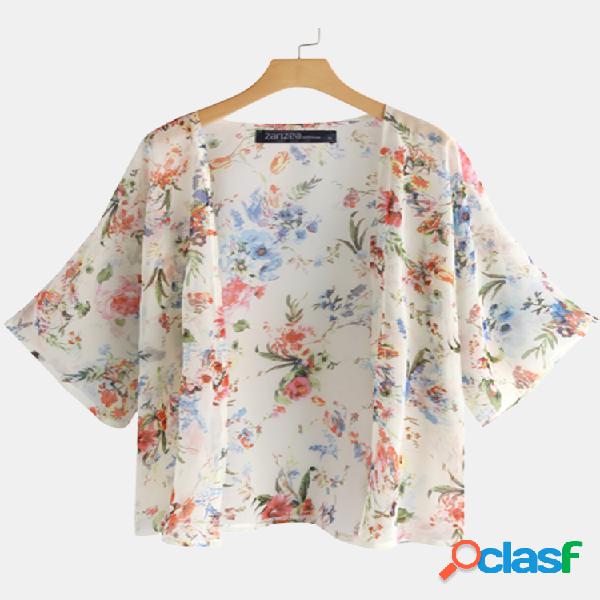 Estampado floral casual manga 3/4 Plus Talla Kimono