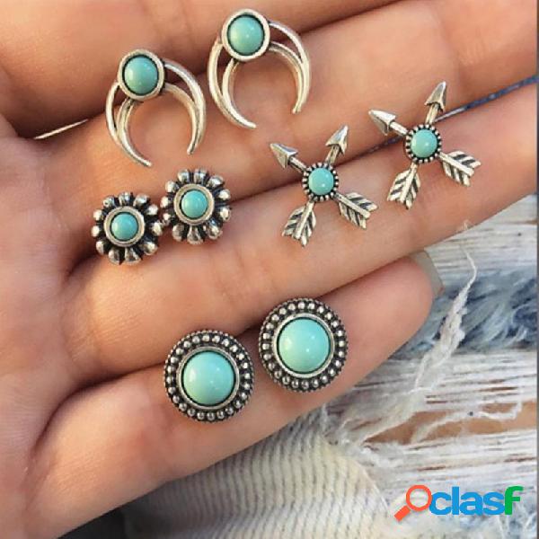 Ethnic Double Arrow Turquesa Pendientes Set vendimia Silver