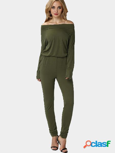 Green Off Shouder Cintura Elástica Thin Jumpsuits