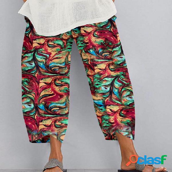 Imprimir cintura elástica Plus tamaño Pantalones con