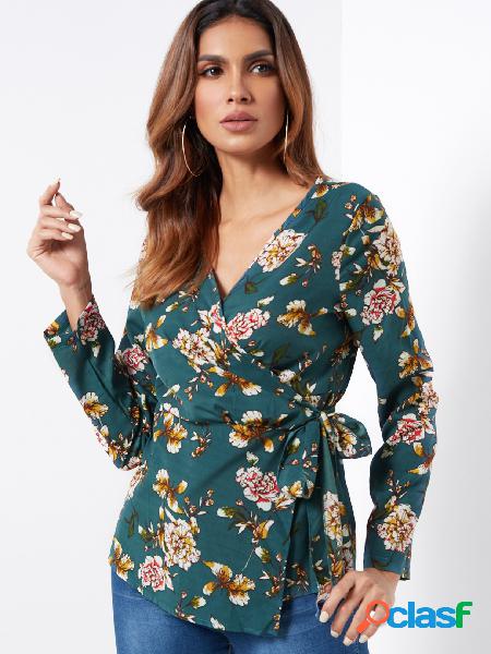 Manga larga con diseño floral cruzado con estampado floral