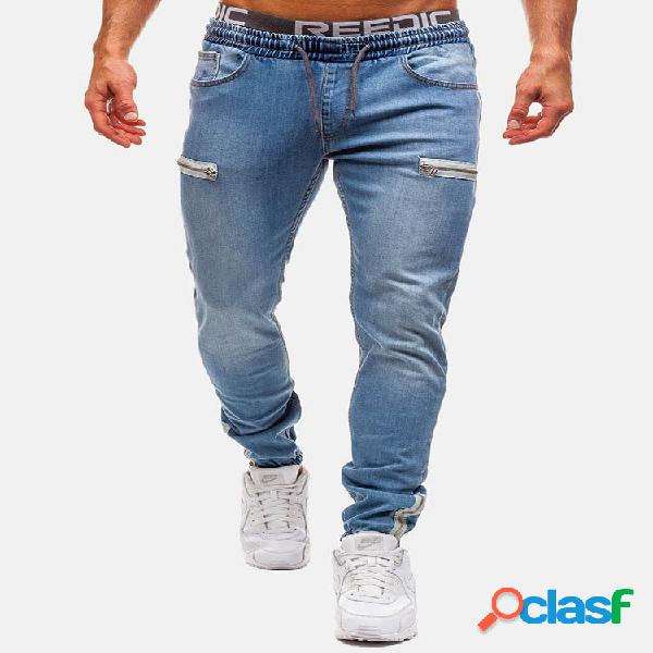 Mens Denim Cremallera Lavado Cordón Fit Casual Jeans