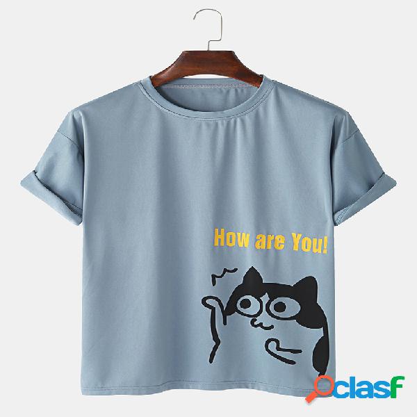Mens Funny Cartoon Gato Graphic Loose Casual T-Shirt