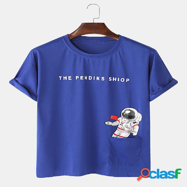 Mens Space Astronaut Printed Cotton Round Cuello Camisetas
