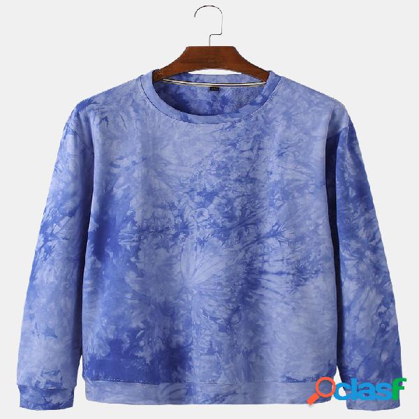 Mens Tie Dye Print Algodón Casual Round Cuello Pullover