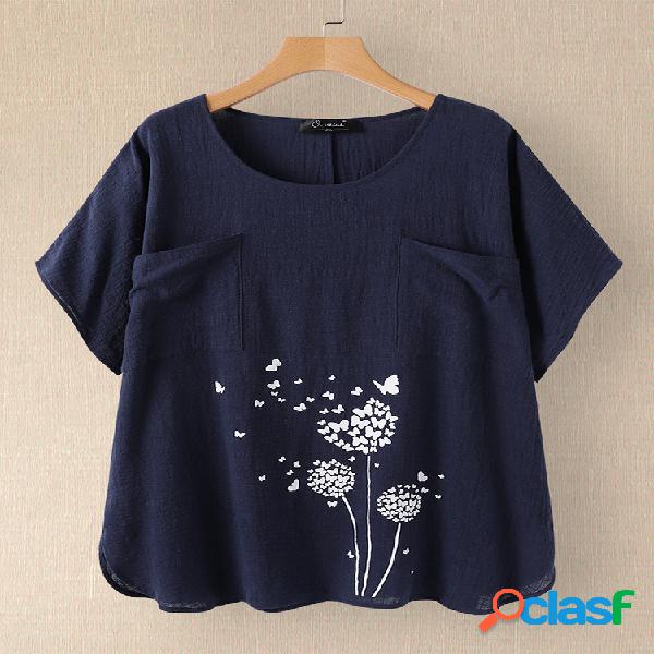 O-cuello estampado informal Plus Camiseta con bolsillos