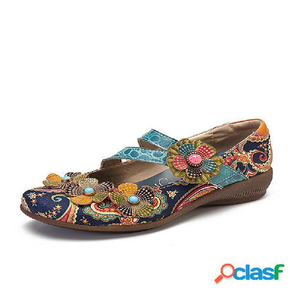 SOCOFY Retro Splicing Floral Folkways Patrón Piel Genuina