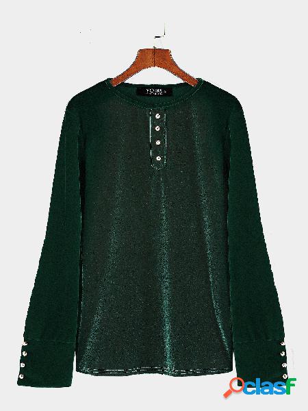Top de diseño de botones de cuello redondo verde terciopelo