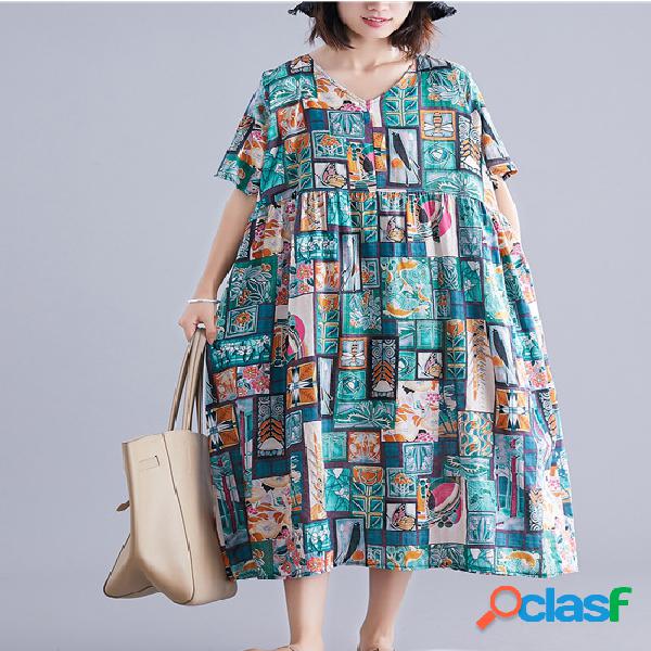 Verano estampado con cuello en V arte Plus tamaño cintura