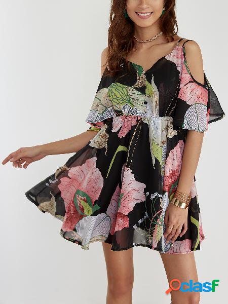 Vestido de gasa con hombros descubiertos y estampado floral