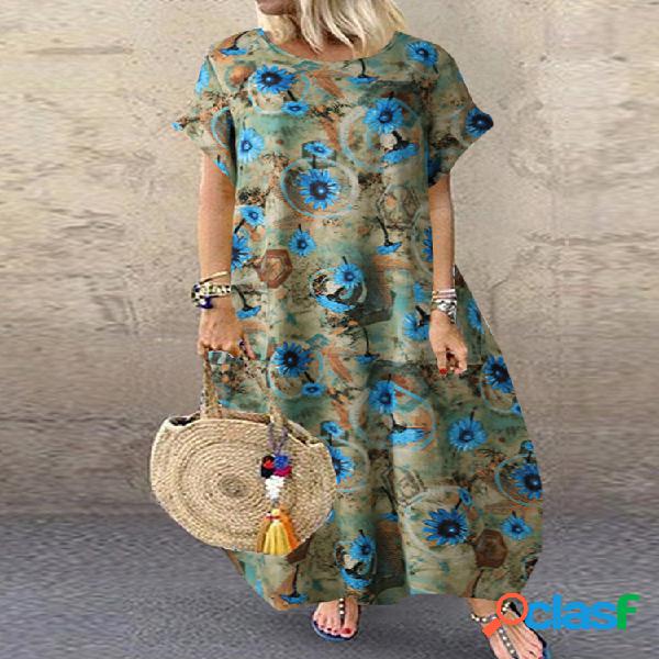 vendimia Manga corta estampada floral Plus Talla Vestido