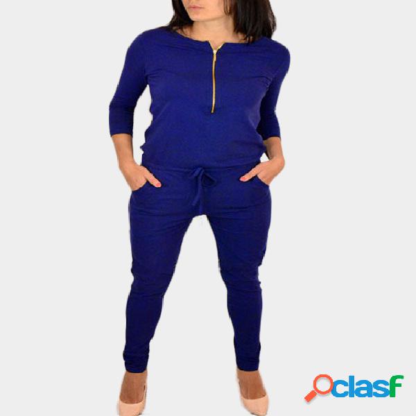 Blue Zipper 3/4 longitud mangas con cordón cintura jumpsuit