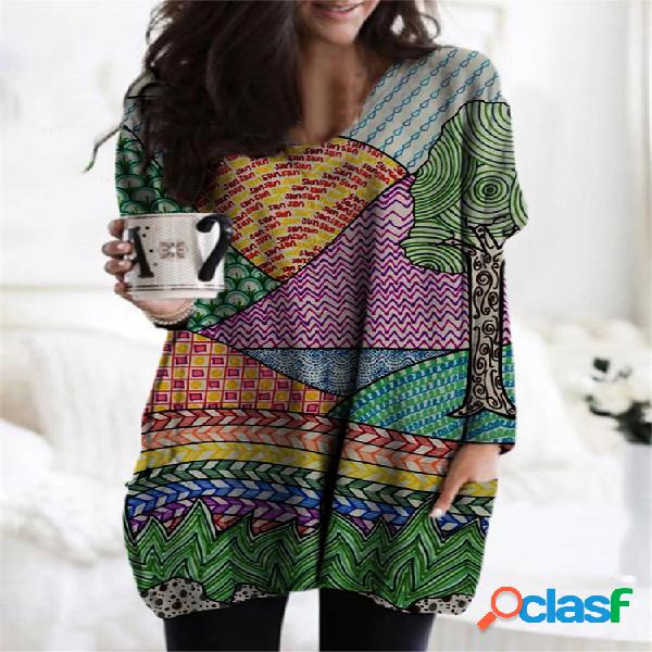 Blusa con cuello en V y manga larga con estampado multicolor