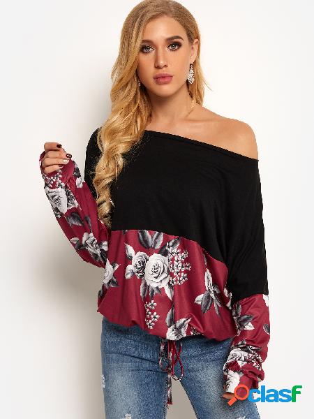 Blusa de costura de manga larga con estampado floral rojo de