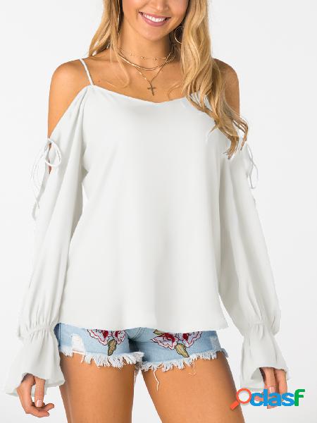 Blusa de gasa con cuello en V y hombros fríos con cordones