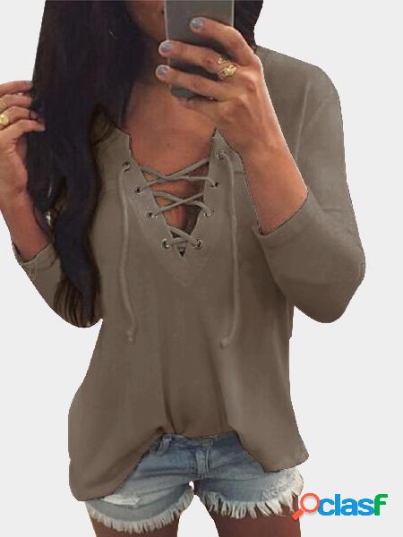 Camiseta suelta delantera con cuello en V y cuello caqui en