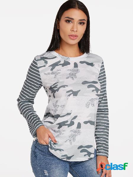 Camuflaje gris con rayas patrón cuello redondo mangas