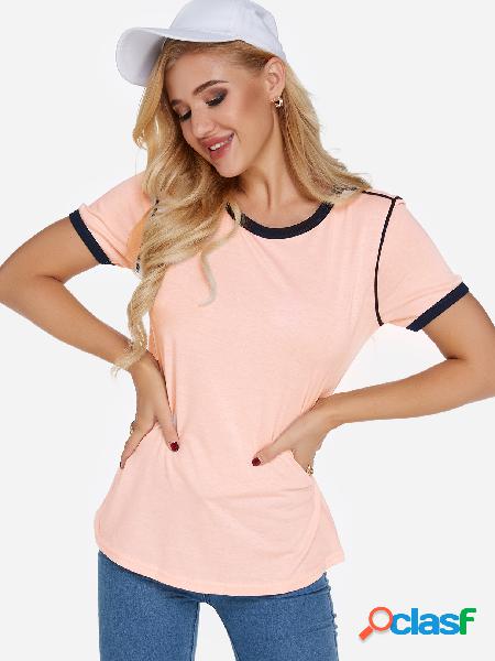 Cuello redondo rosa manga corta camiseta lisa