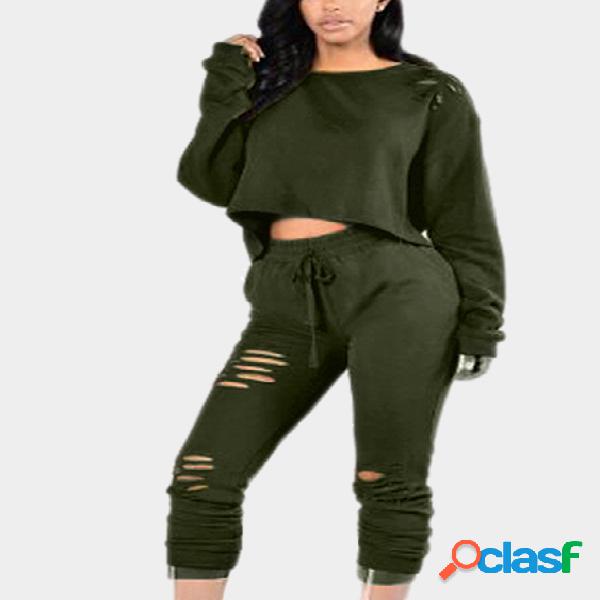 Ejército Verde casual rasgado alrededor del cuello de la