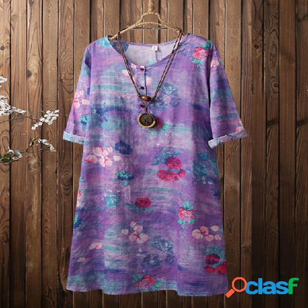Elegante estampado de calicó con cuello en v manga 3/4 Plus